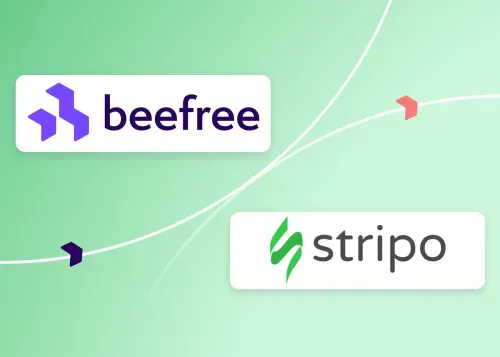 BeeFree vs Stripo logos on green background with arrows, representing email editor comparison for marketers.