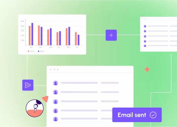 Illustration of email marketing for agencies with graphs, contacts, and “Email sent” confirmation on green gradient background.