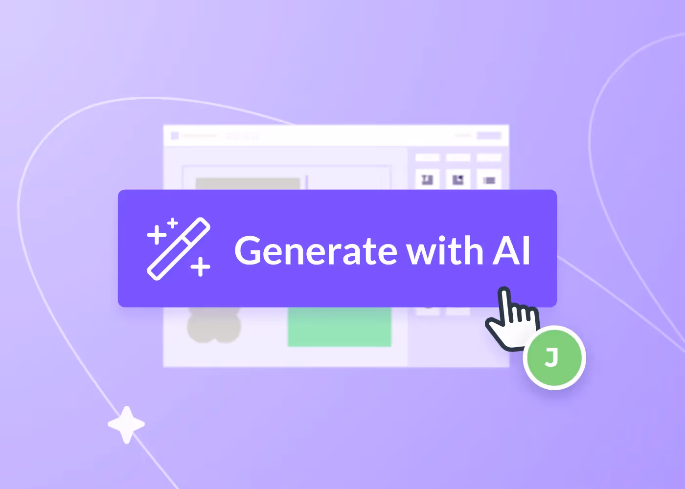 Purple email editor UI with a bold “Generate with AI” button featuring a magic wand icon and click cursor over a blurred interface.