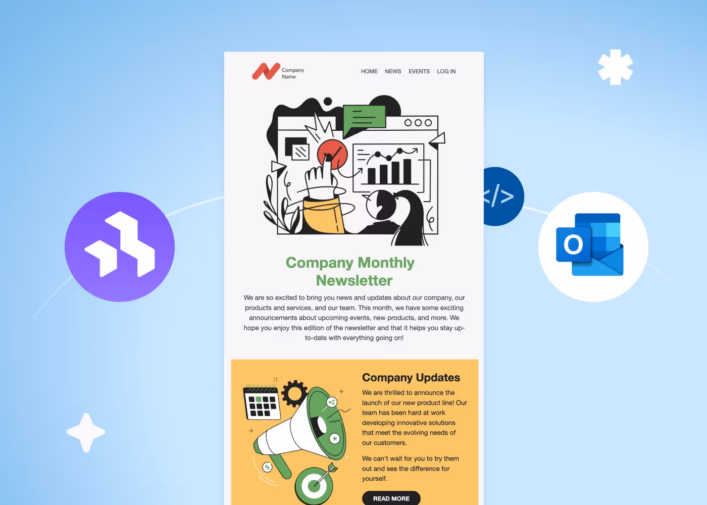 Illustration of company newsletter email with charts, updates, and graphics, representing guide to creating and embedding HTML templates in Outlook.