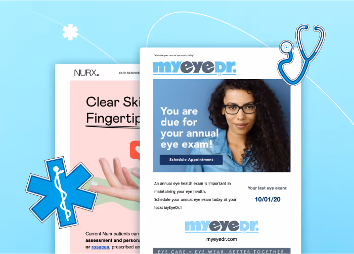 Reminder email for annual eye exam from MyEyeDr with a smiling woman wearing glasses; Nurx skin care email partially visible.