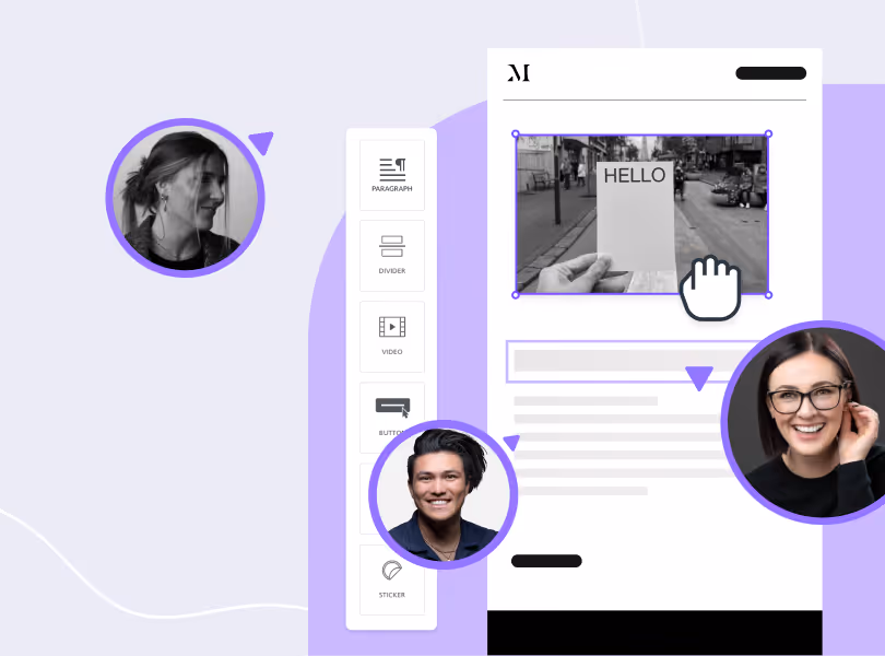 Team collaboration on email design interface with drag-and-drop editor, optimizing agency email marketing ROI and engagement.