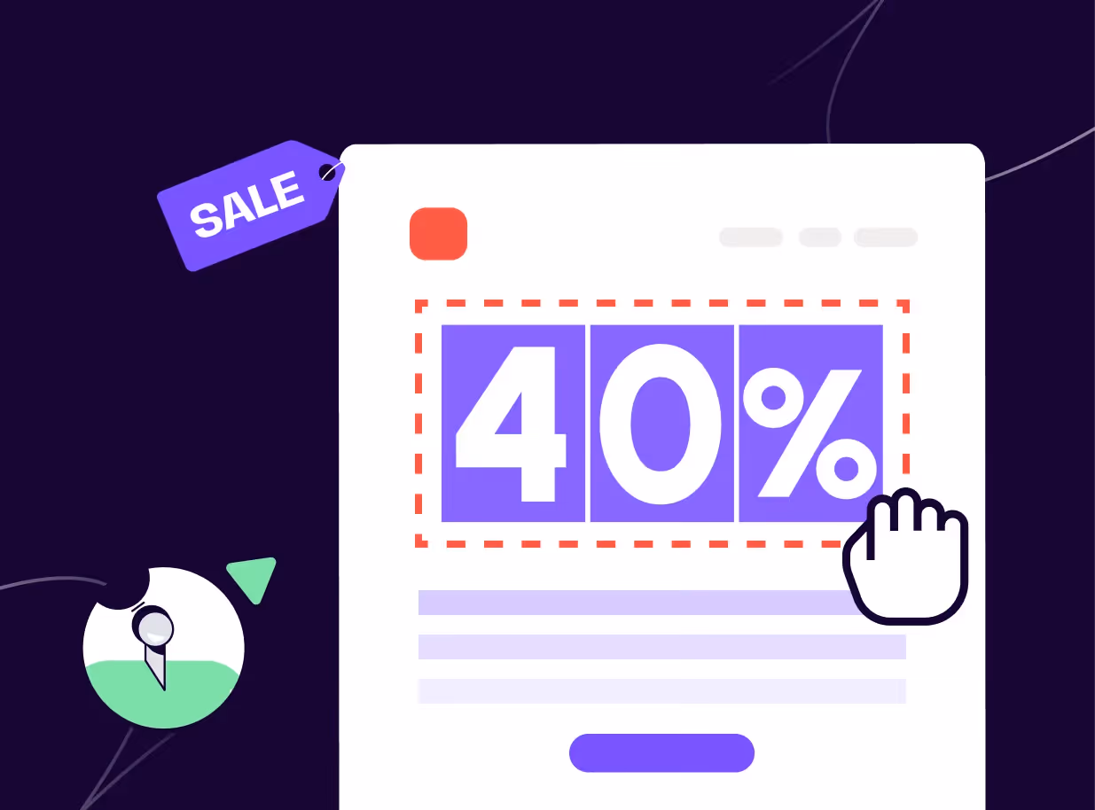 Illustration of a 40% off sale banner with a click icon and purple sale tag on a dark background.