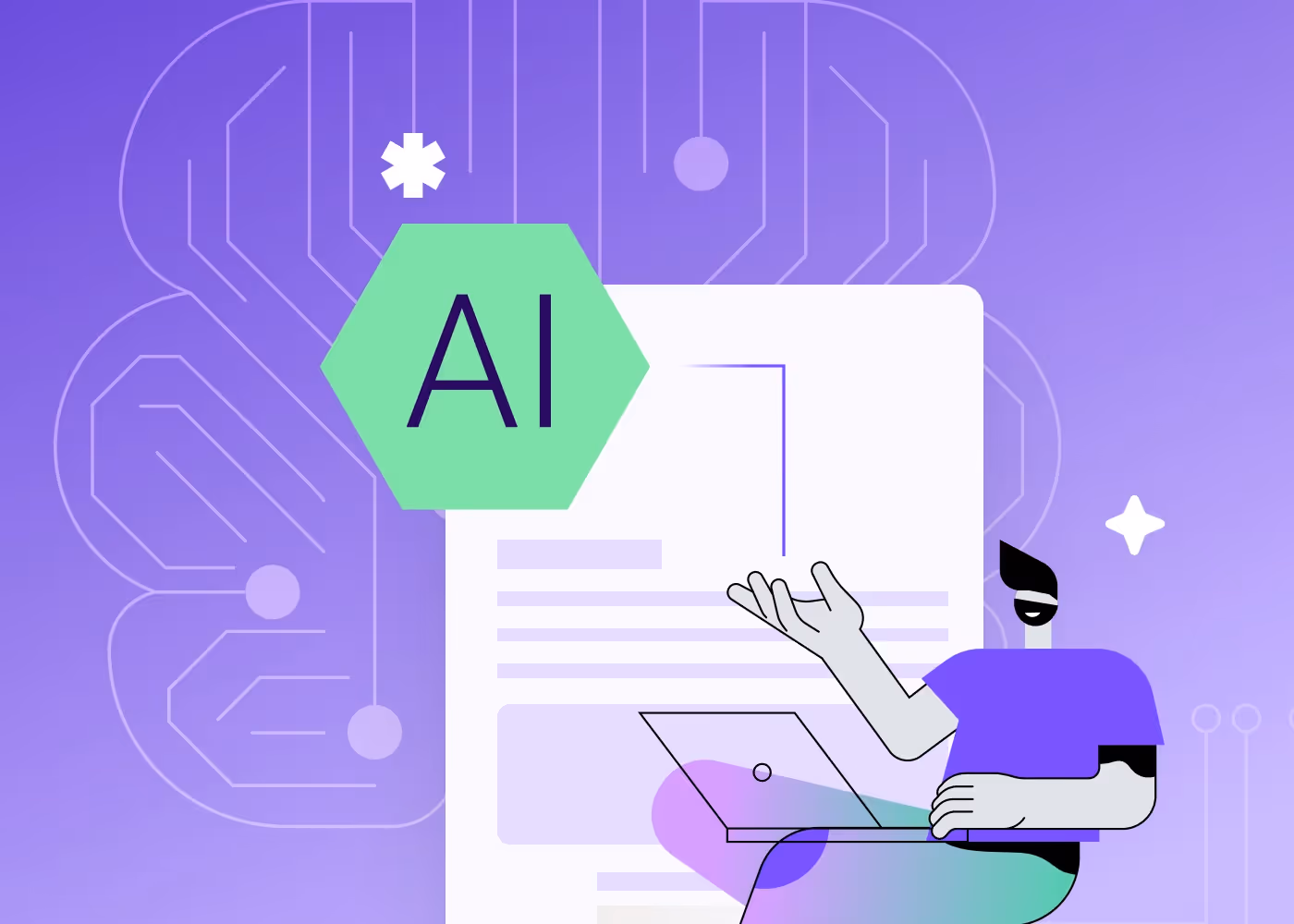 Illustration of person using laptop with AI icon, symbolizing best AI-powered email writing assistants.