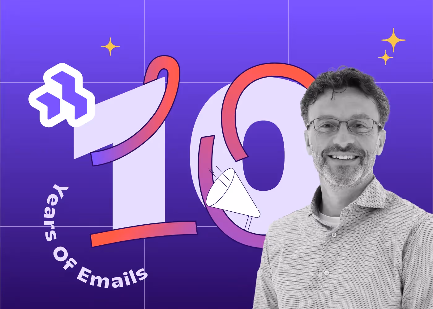 Smiling man in front of “10 Years of Emails” graphic celebrating BeeFree’s first decade.