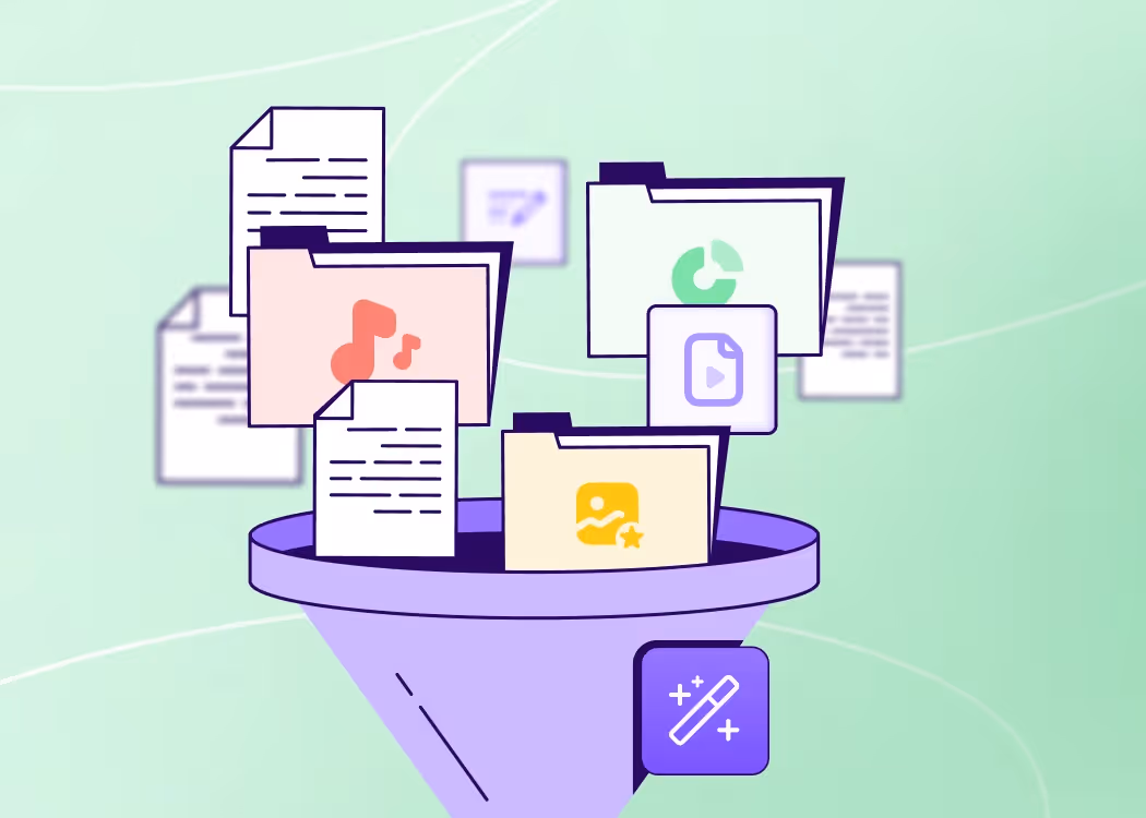 Illustration of AI content funnel with documents, music, images, and videos being processed, symbolizing the reality of generative AI.