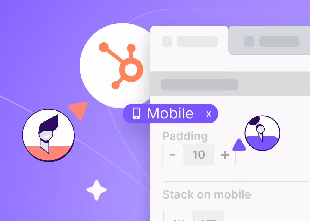 Illustration of mobile-responsive email design interface with HubSpot logo, mobile tag, and UI controls for padding, highlighting BEE Pro’s compatibility and features for HubSpot users.