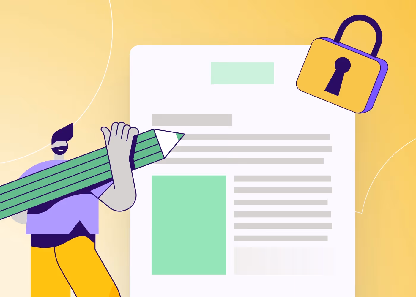Person with pencil & lock icon: Person holding an oversized green pencil beside a white document mockup with grey text lines, green panels, and a yellow padlock icon on a yellow gradient