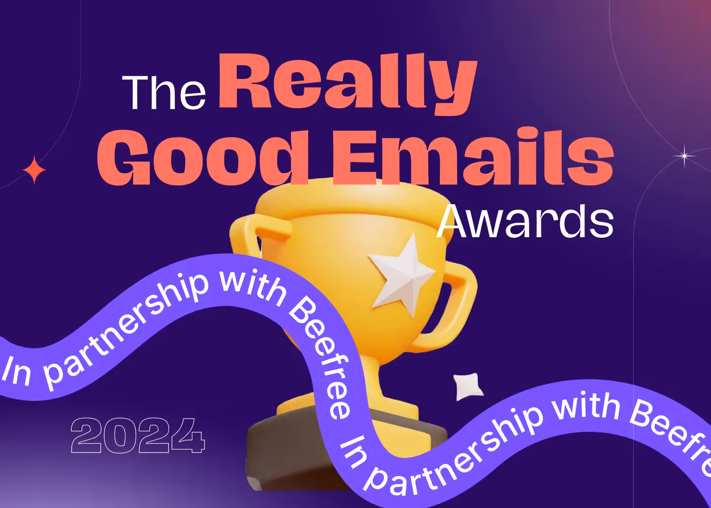 3D gold trophy with star and ribbon text “In partnership with Beefree” for the 2024 Really Good Emails Awards.