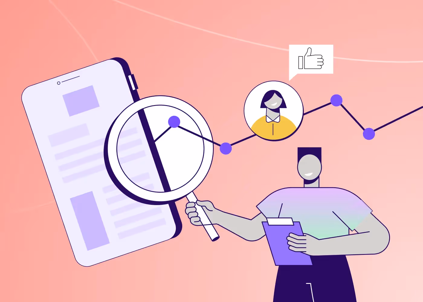 Illustration of marketer analyzing mobile analytics data with magnifying glass, showing engagement metrics, user feedback, and growth trends.