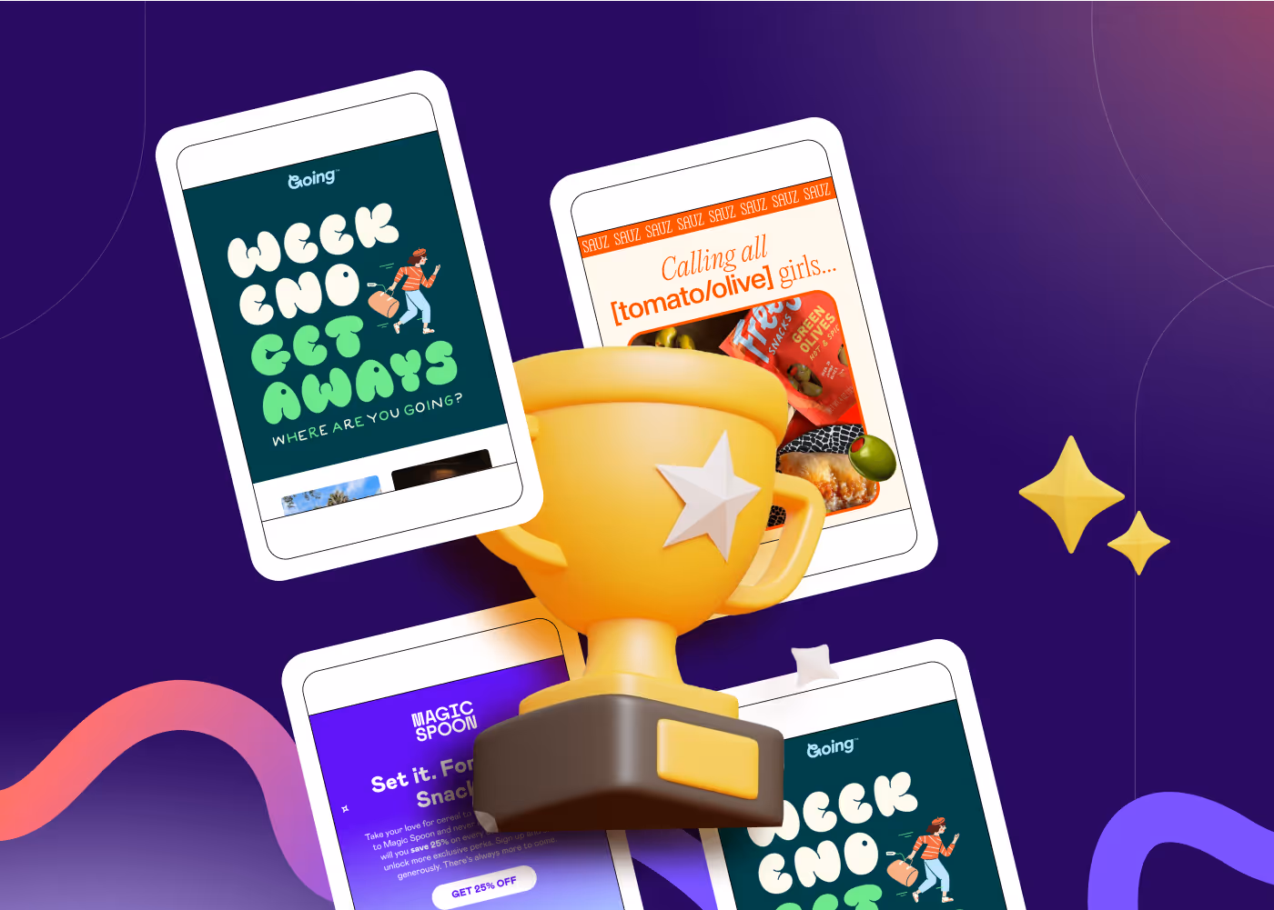 Illustration of mobile email designs with a golden trophy and sparkles, symbolizing award-winning email campaigns.