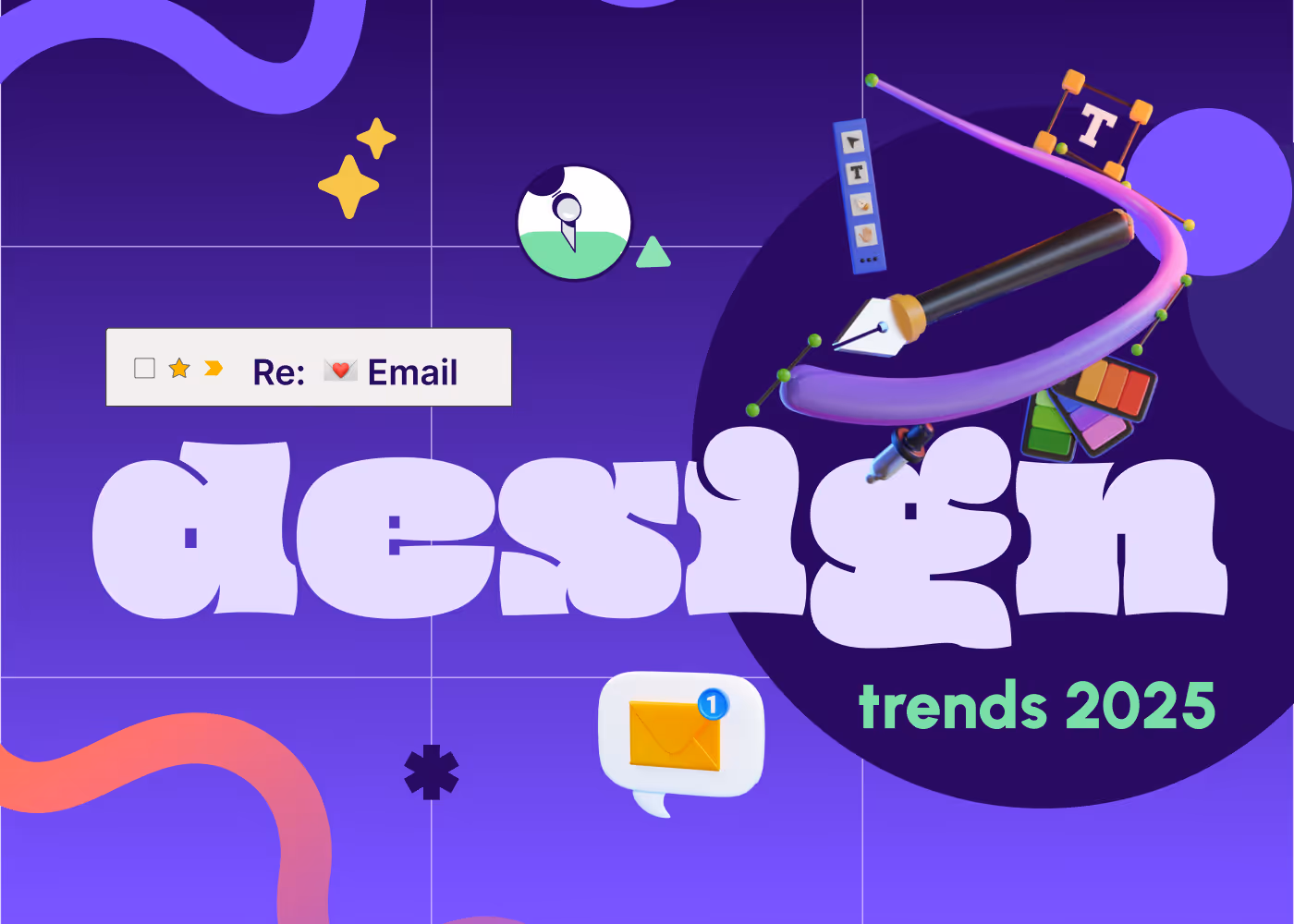 Design trends 2025 graphic: Purple gradient grid titled ‘design’, swirling pen-nib curve, color swatches, email reply UI element, and ‘trends 2025’ label