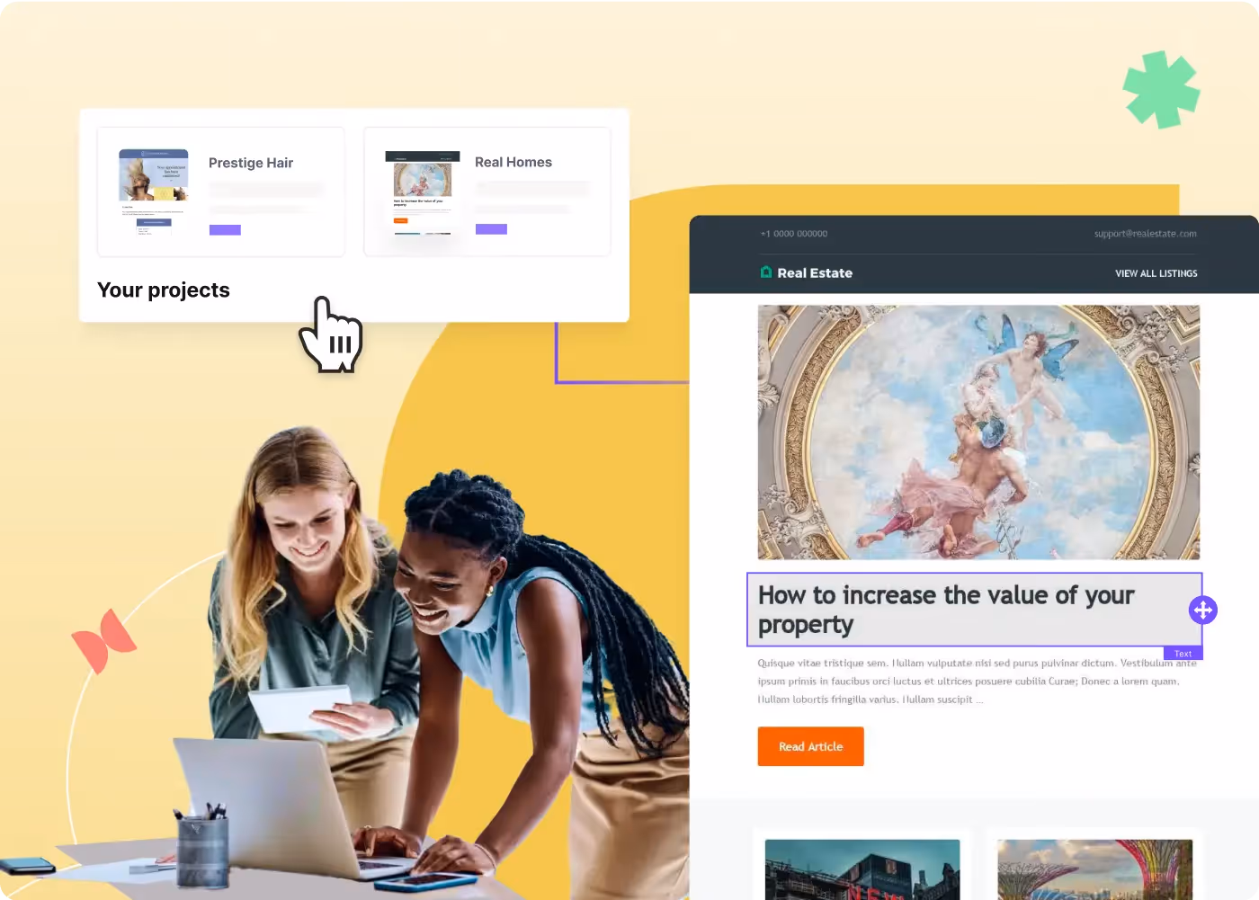 Two women lean over a laptop reviewing project cards and a real estate email template against a yellow backdrop.