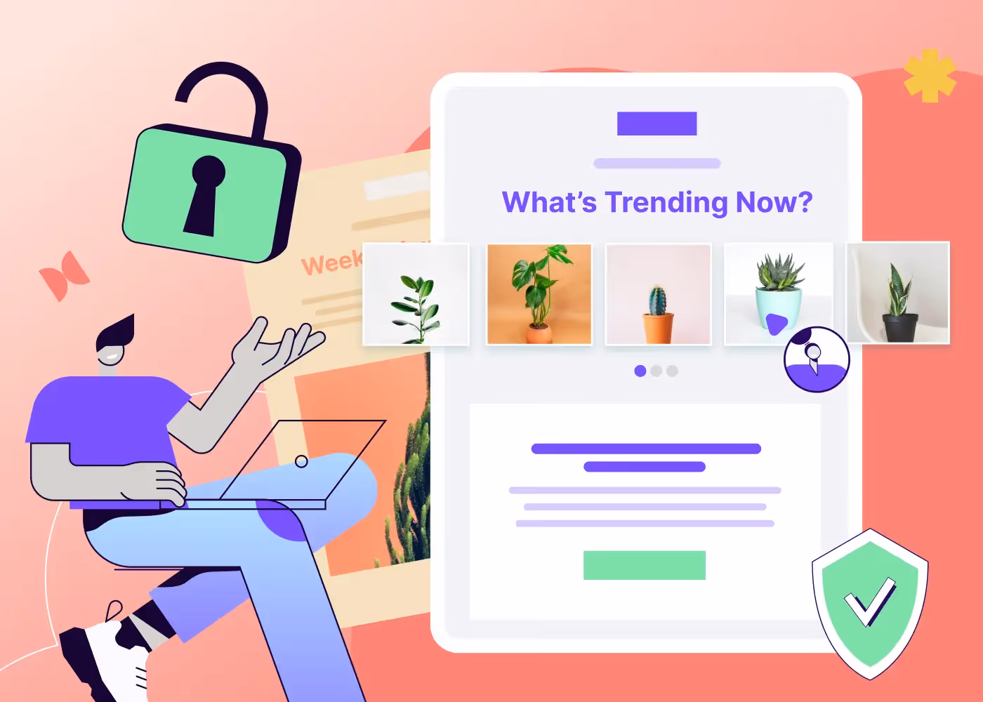 Email trends illustration: Person at laptop viewing a “What’s Trending Now?” email with potted plant thumbnails, an unlocked padlock, and shield icon on a pink gradient