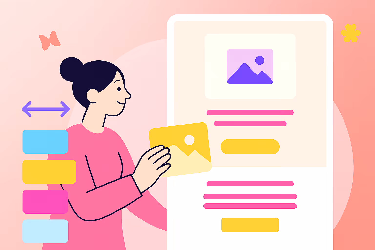 Illustration of a person designing an email with drag-and-drop blocks, representing how to use BEE Pro with Pardot.