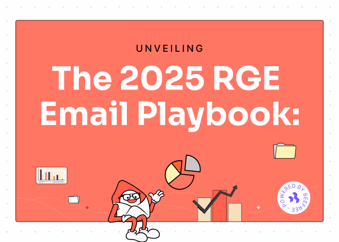 Coral background slide titled “The 2025 RGE Email Playbook” featuring a cartoon envelope mascot, pie chart, bar/line graph, and folder icon.