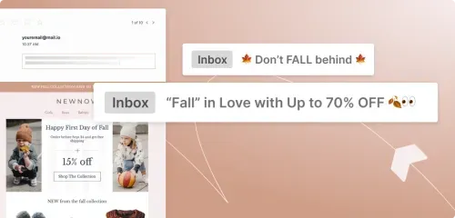 Two punny fall email subjects—‘Don’t FALL behind 🍁’ & ‘Fall in Love up to 70% OFF 🍂👀’—above a fall promo email offering 15% off.