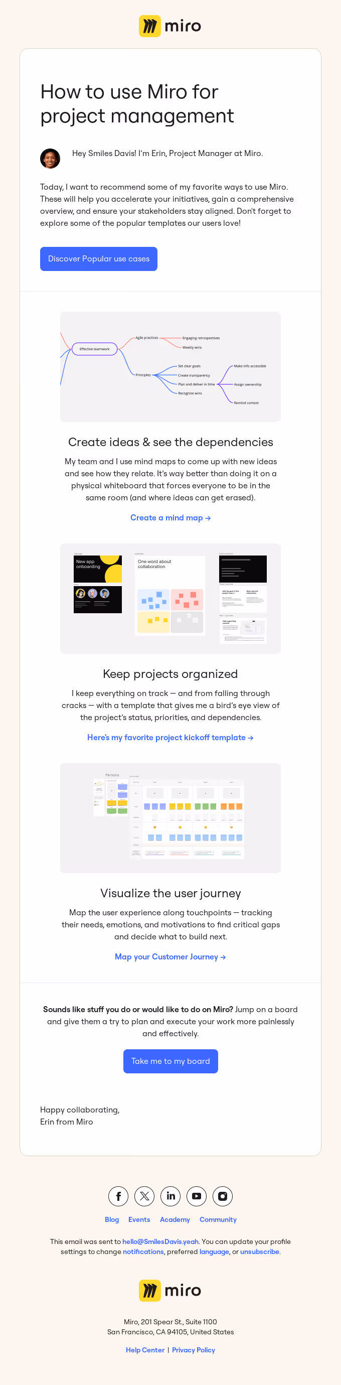 Miro product features email. This email is sent from a project manager, making it relevant to Miro users, people using the platform to develop projects.