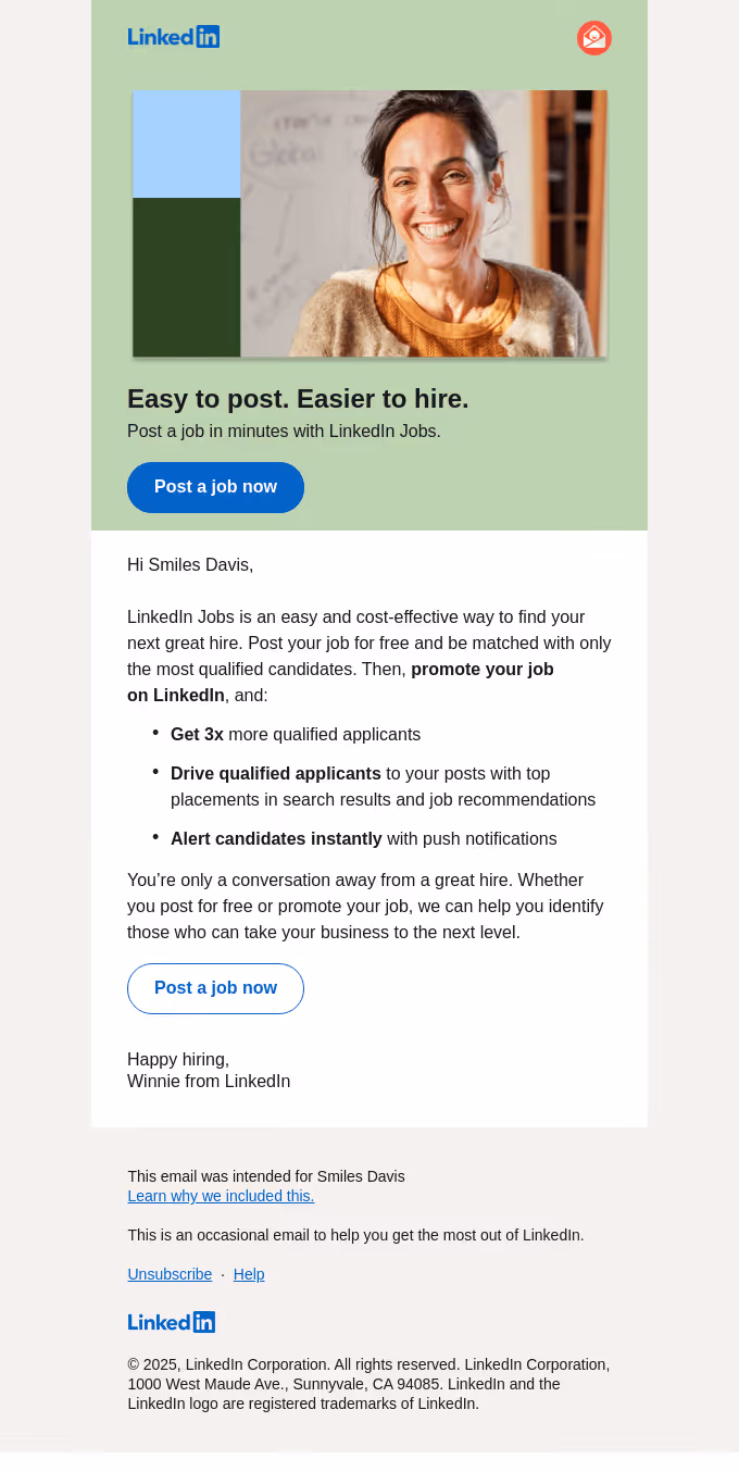 LinkedIn’s email about posting and promoting jobs
