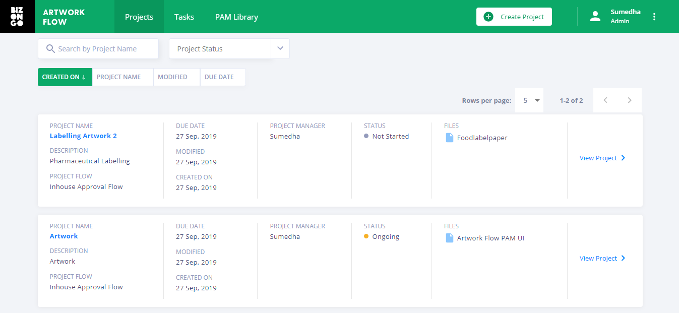 The project tab in Artwork Flow shows the different projects and their status as ongoing, rejected or complete. 