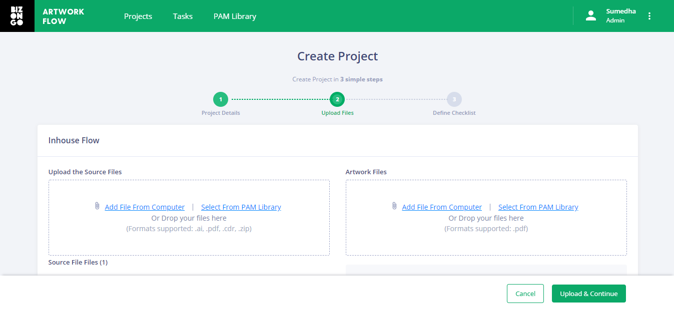 Artwork Flow - In step 2 of creating a project, upload files that are relevant to the project and any artwork files in pdf format only.