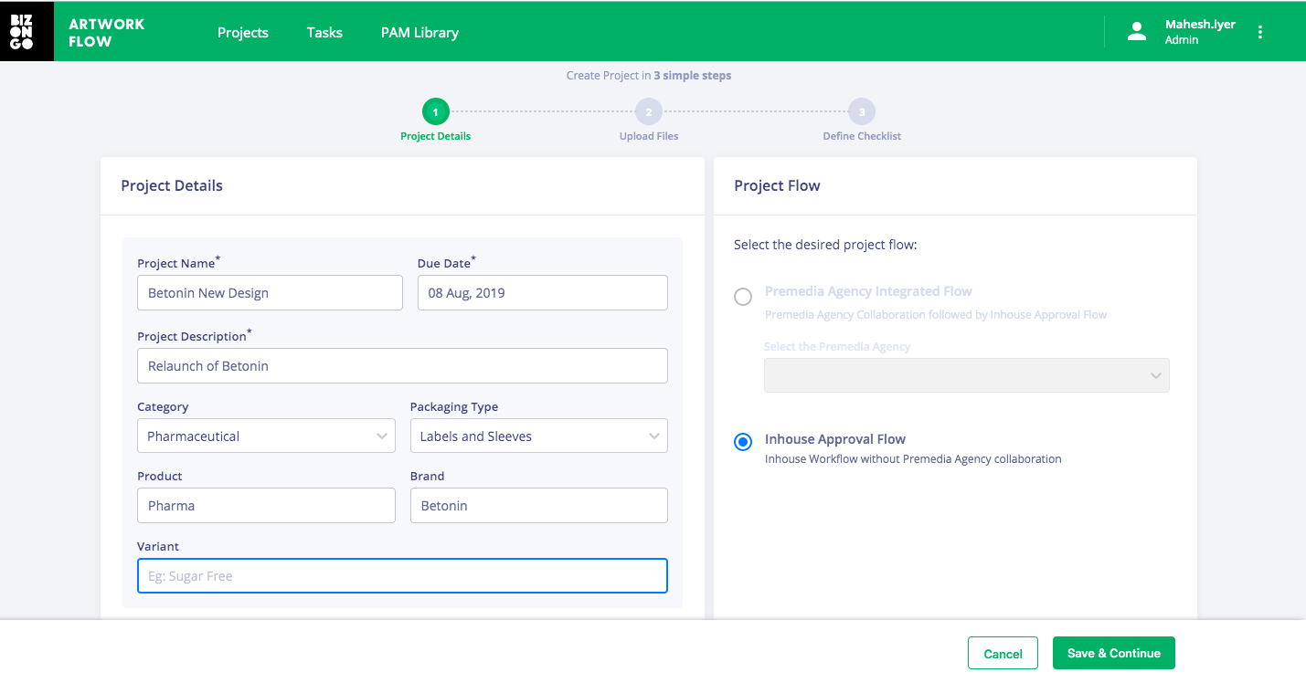 Artwork Flow - Step 1 of creating a project involves adding project details such as project name, deadline, brand name, category and packaging type.  