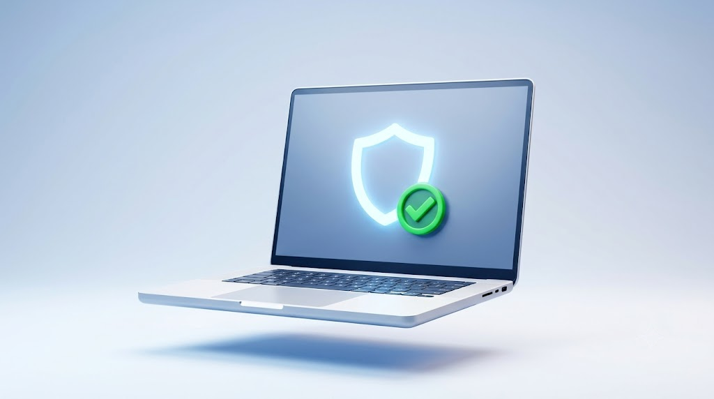 Laptop displaying a glowing shield and checkmark, representing device encryption and security on Windows 11 Pro.
