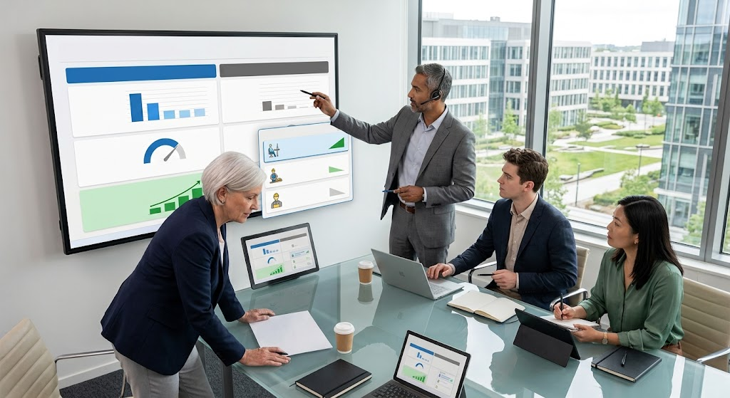 Business professionals analyzing Microsoft Copilot data on a large interactive screen during a team meeting.