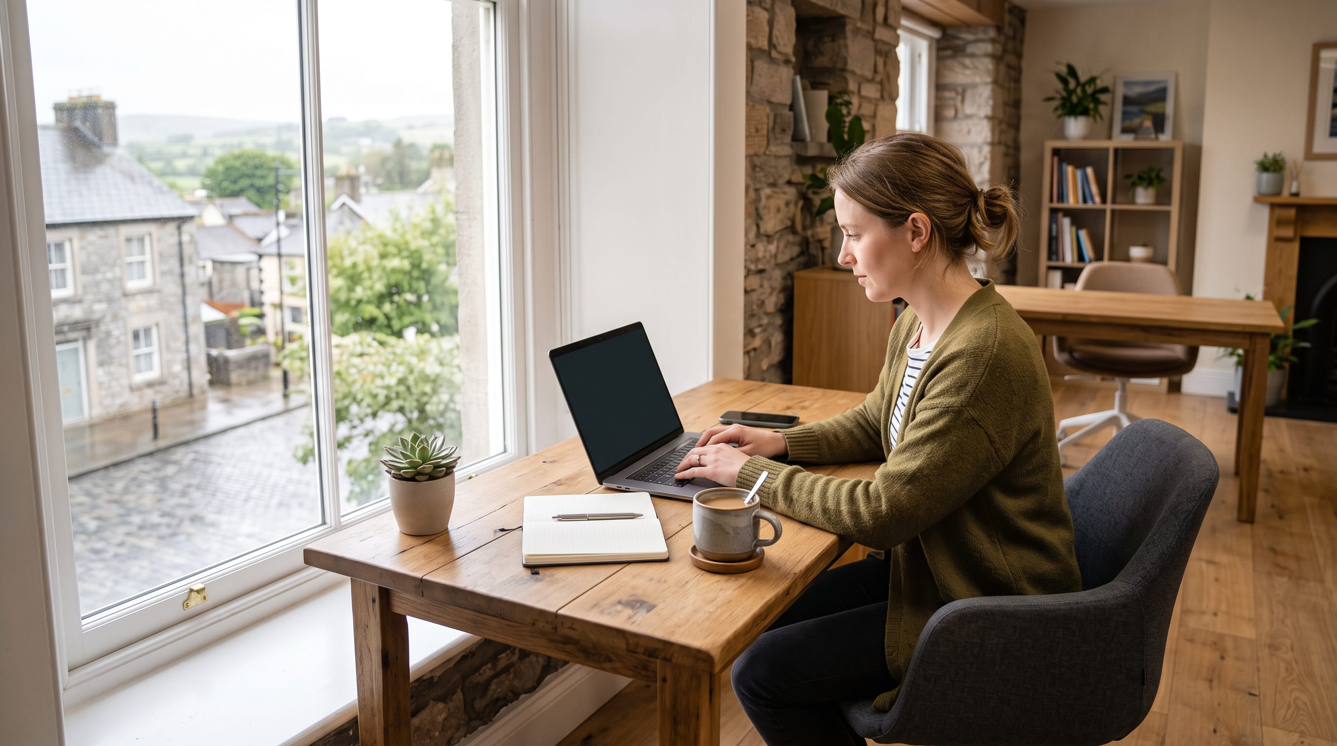 Small business owner in Ireland working on a laptop while reviewing Microsoft 365 costs