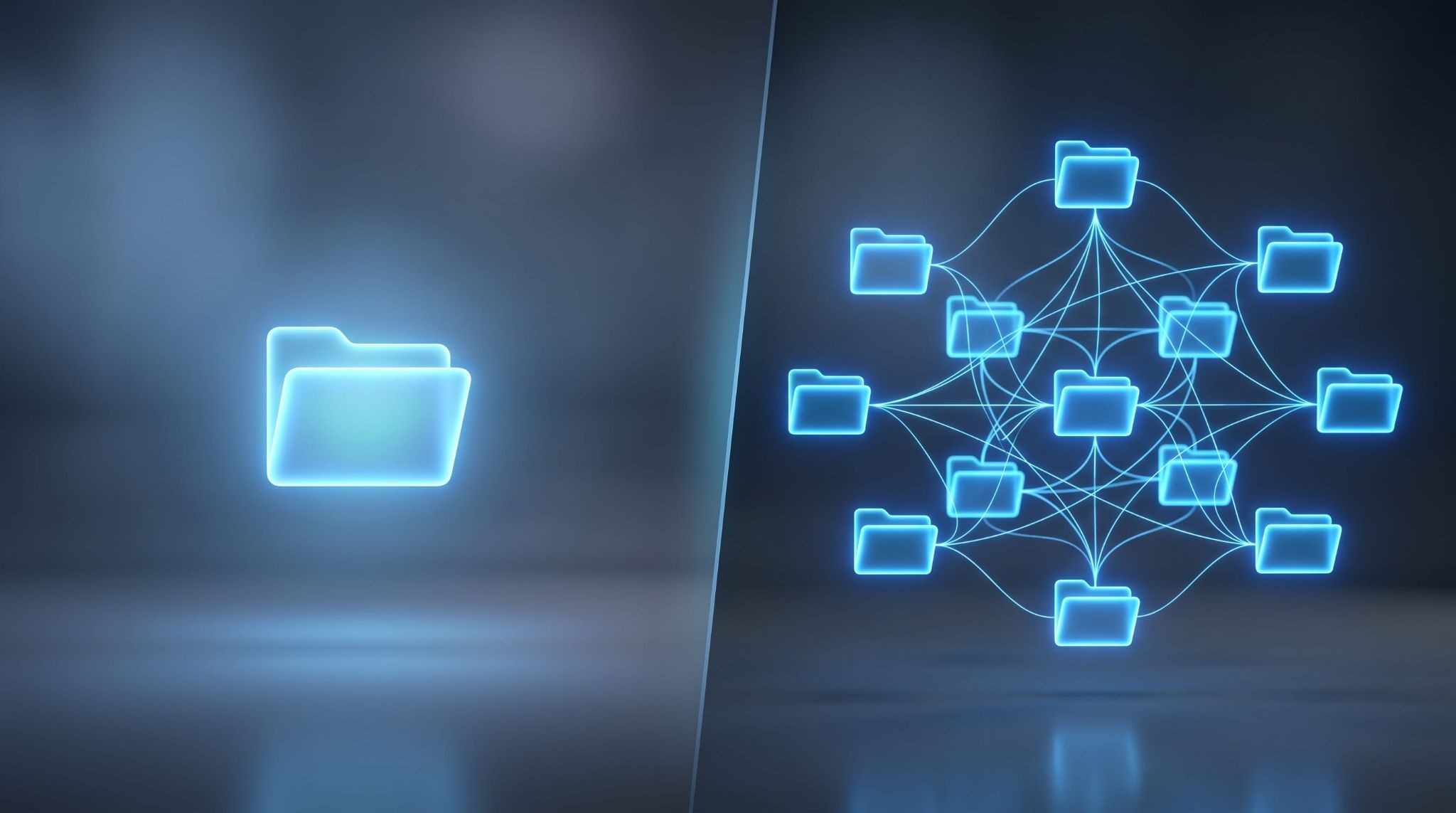 Personal single folder beside a connected shared folder network showing OneDrive and SharePoint storage