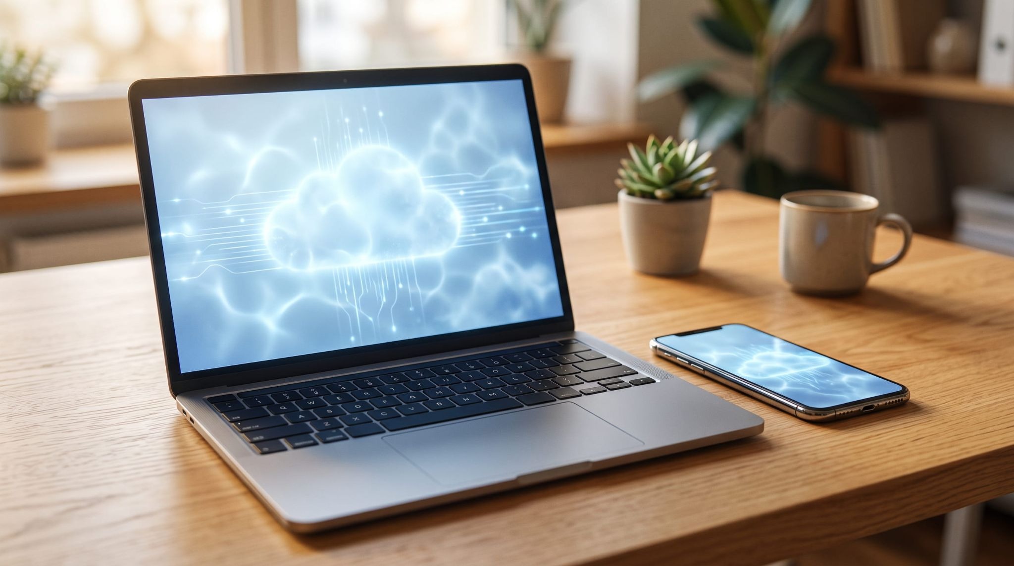 Laptop and phone syncing files together representing SharePoint and OneDrive working in Microsoft 365