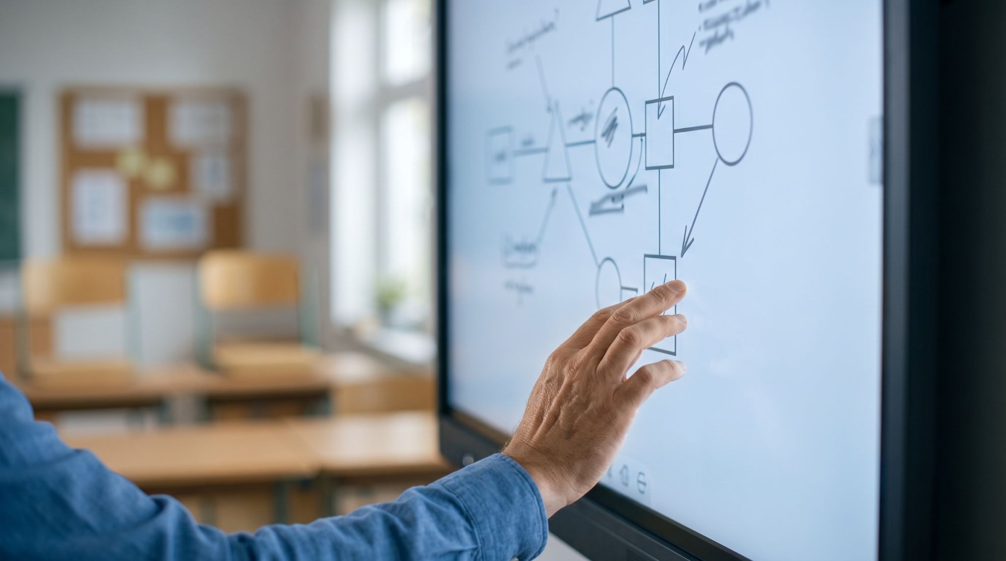 Teacher annotating on a 75 inch classroom interactive whiteboard sized for back row visibility
