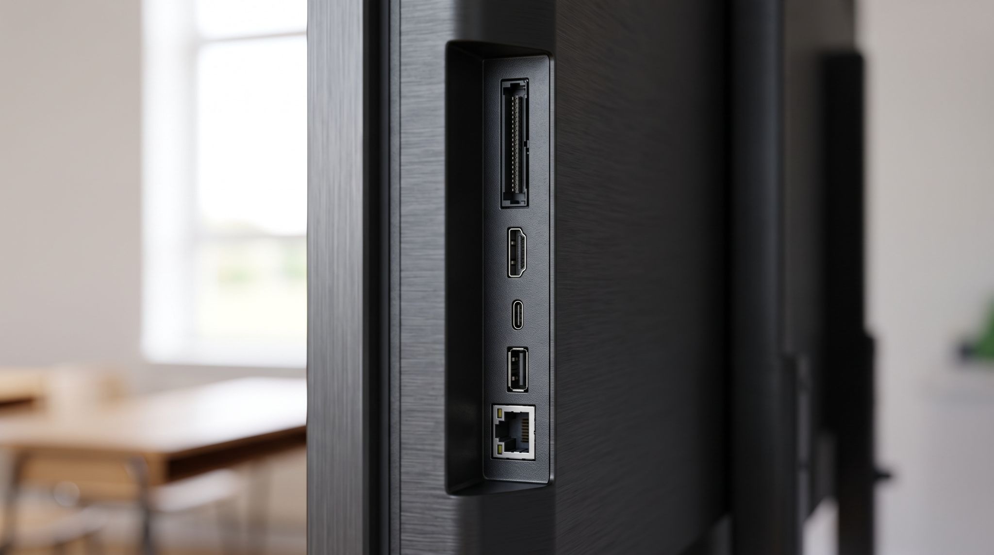 Side ports and OPS module slot on a classroom interactive whiteboard panel