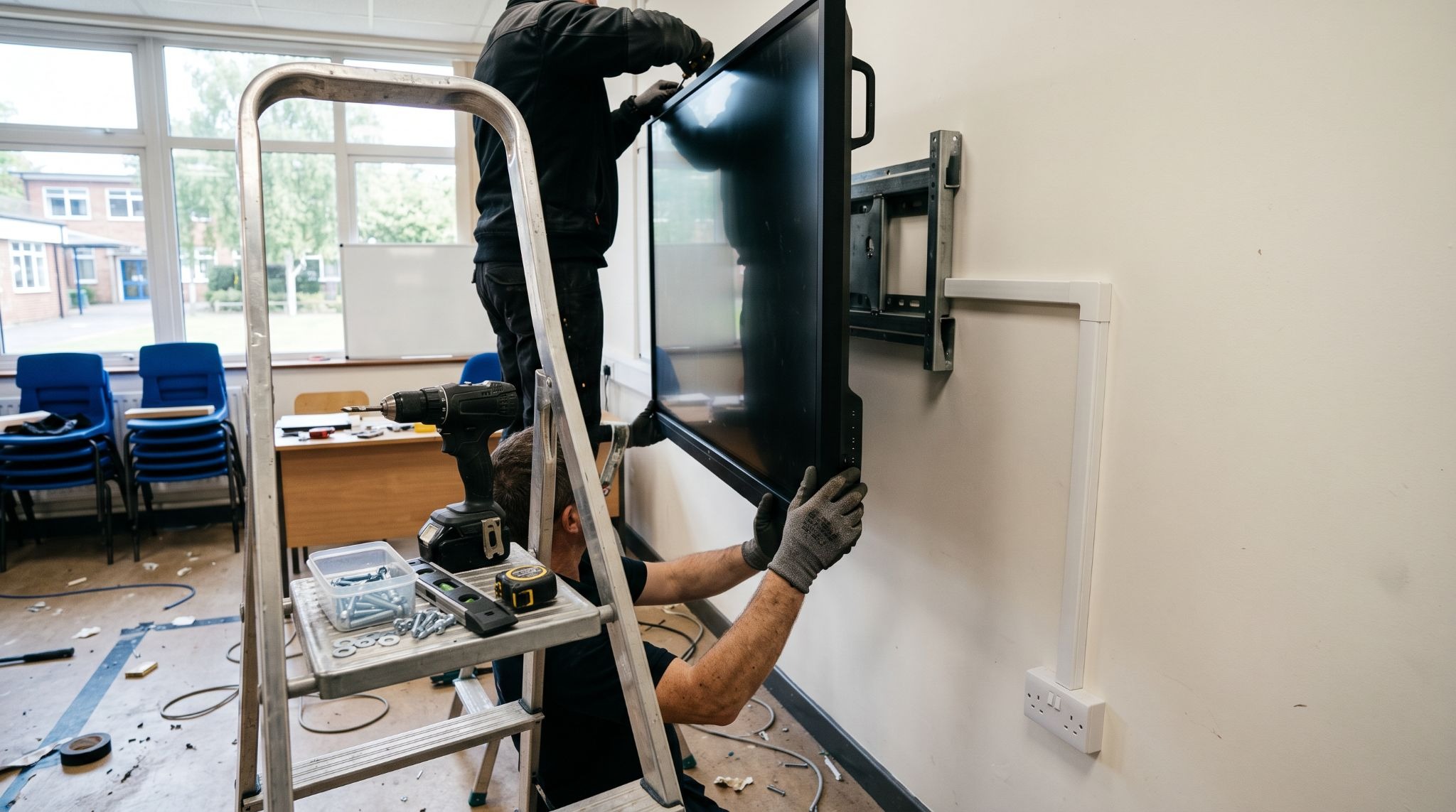 Interactive whiteboard being wall mounted in a classroom with cable trunking and power at panel height