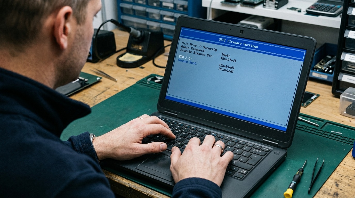 Technician enabling TPM 2.0 and Secure Boot in laptop firmware settings to check Windows 11 upgrade eligibility