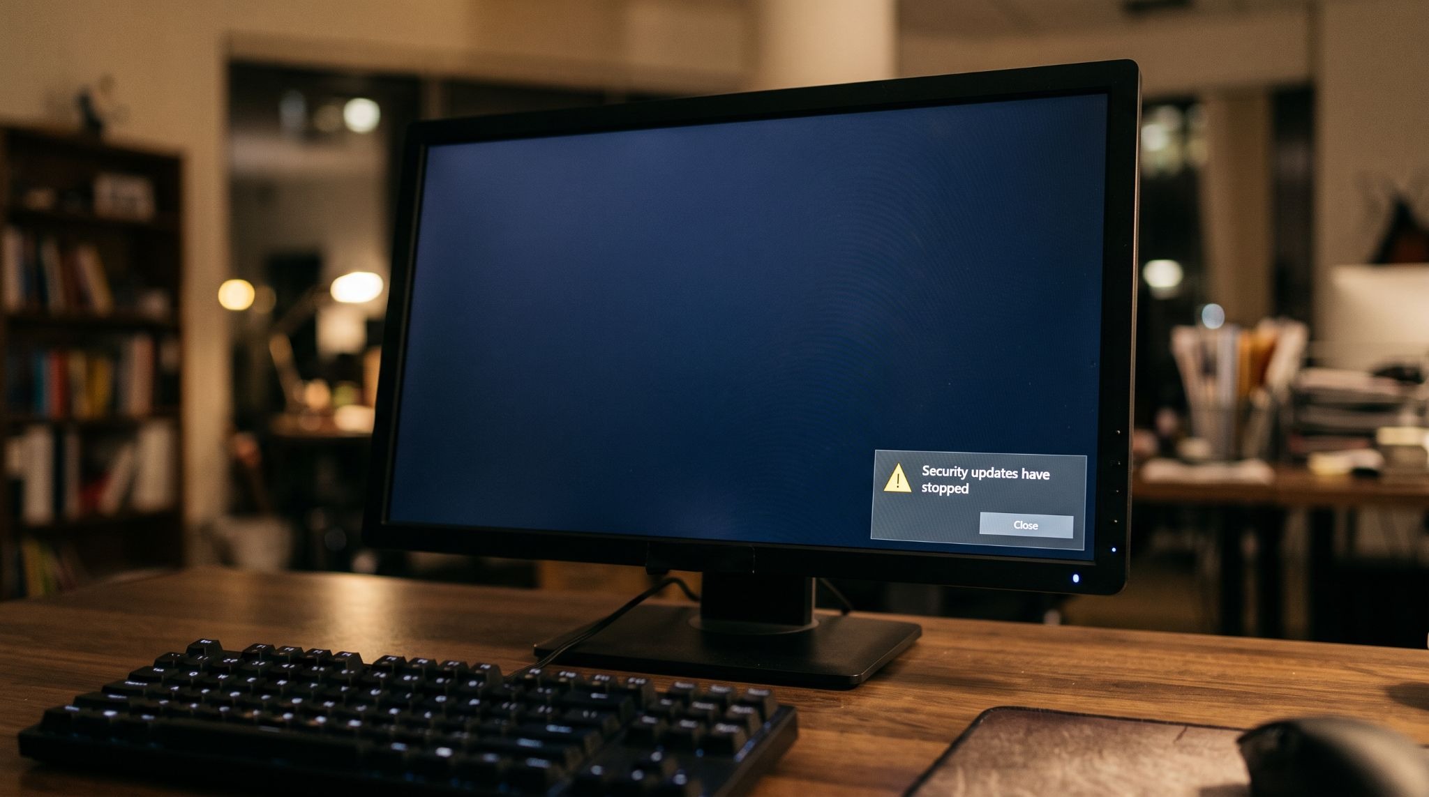 Desktop notification warning that security updates have stopped on an unsupported Windows 10 business PC