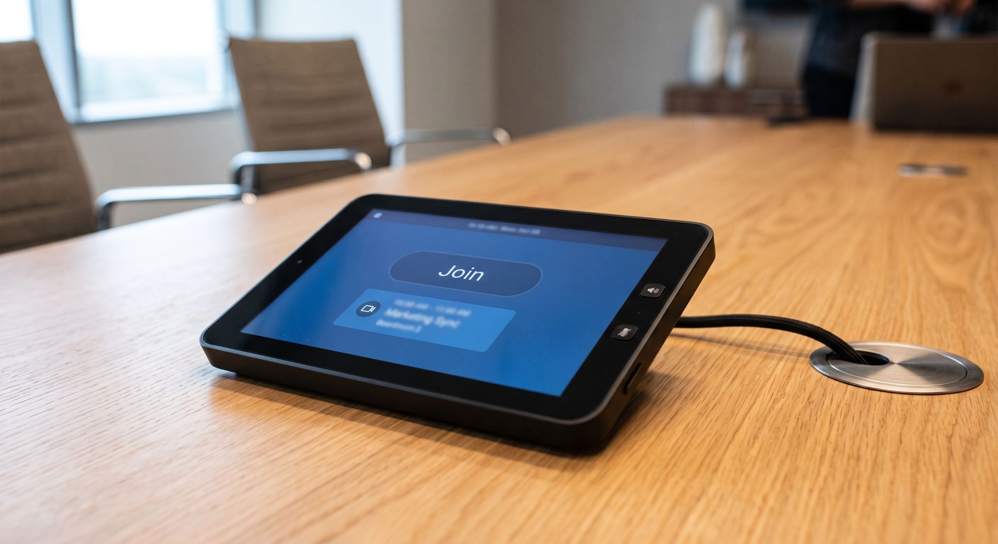 Meeting room touch console on a boardroom table showing the one-touch join screen for a scheduled meeting