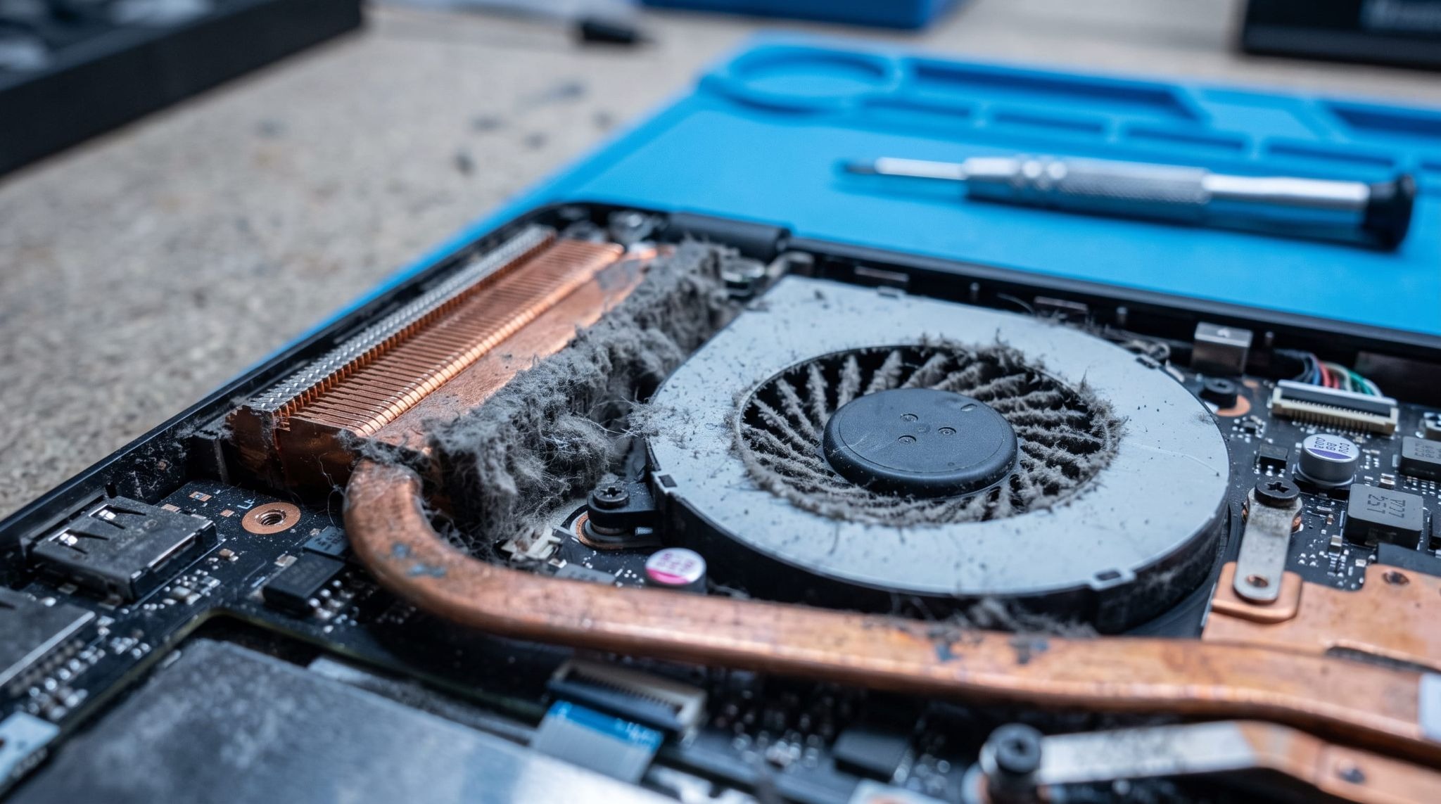 Dust clogged laptop cooling fan and heatsink causing overheating and slow performance
