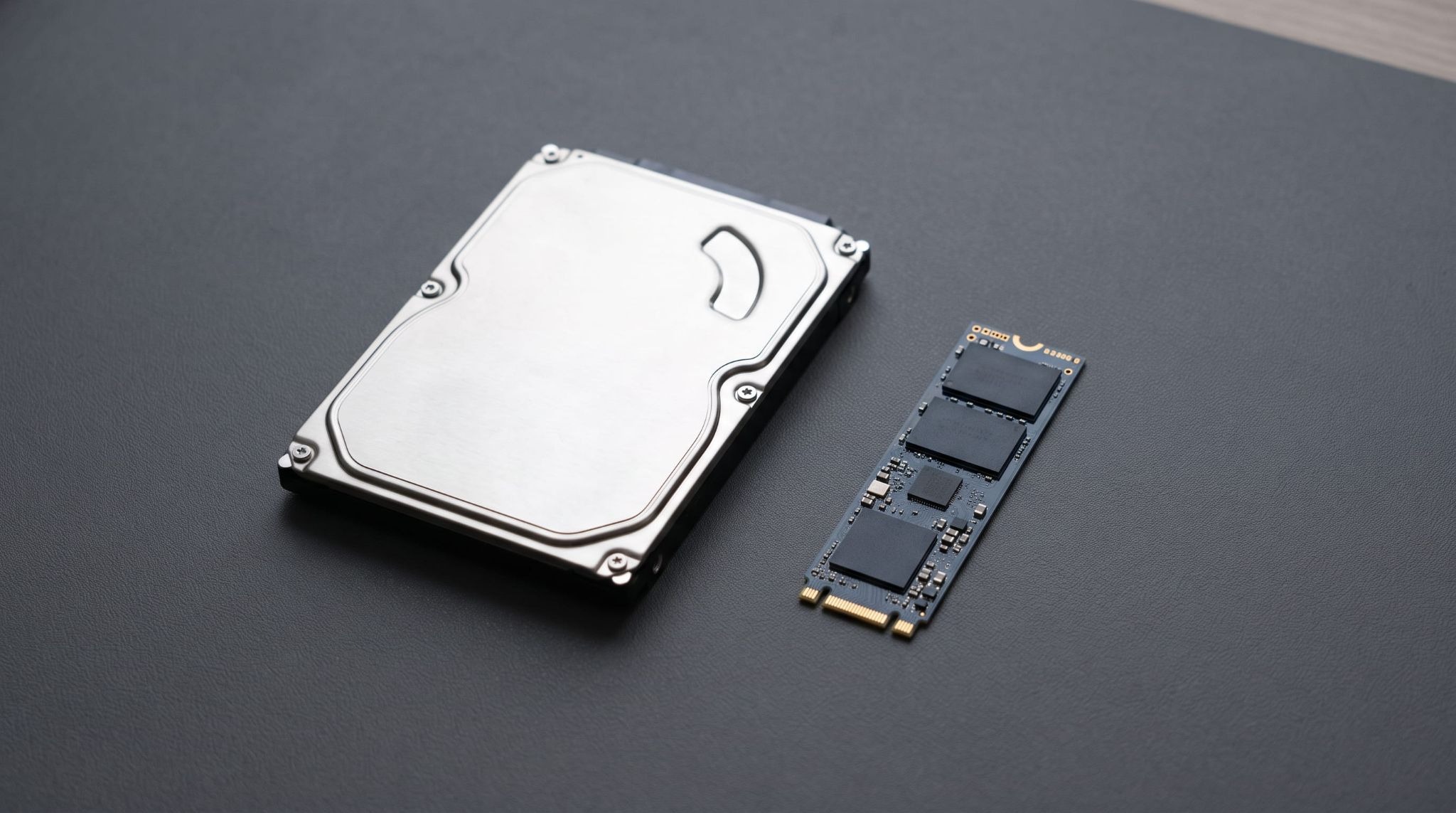Mechanical hard drive beside an M.2 SSD showing the upgrade that speeds up a slow PC