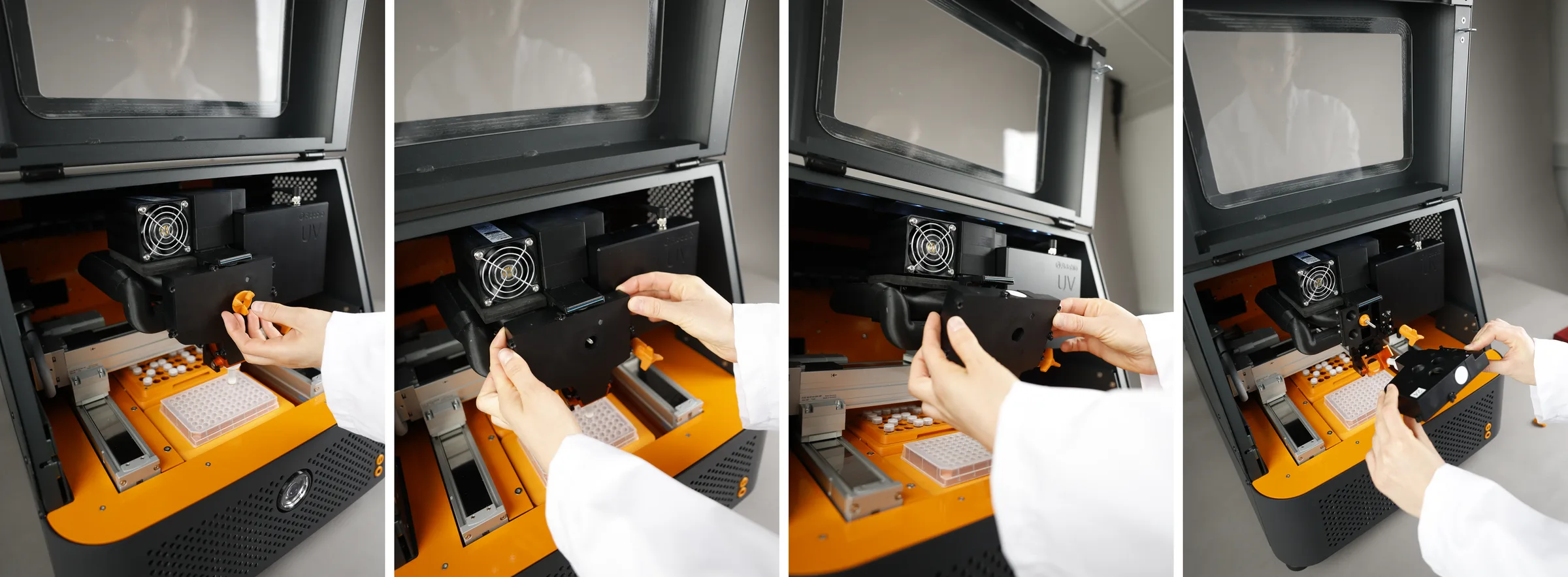 Four steps of changing the capillary cartridge in the newest Fida model: turning the orange screw at the front of the cartridge, taking hold of the cartridge with the screw removed, lifting the cartridge out with both hands, and the cartridge held outside the instrument