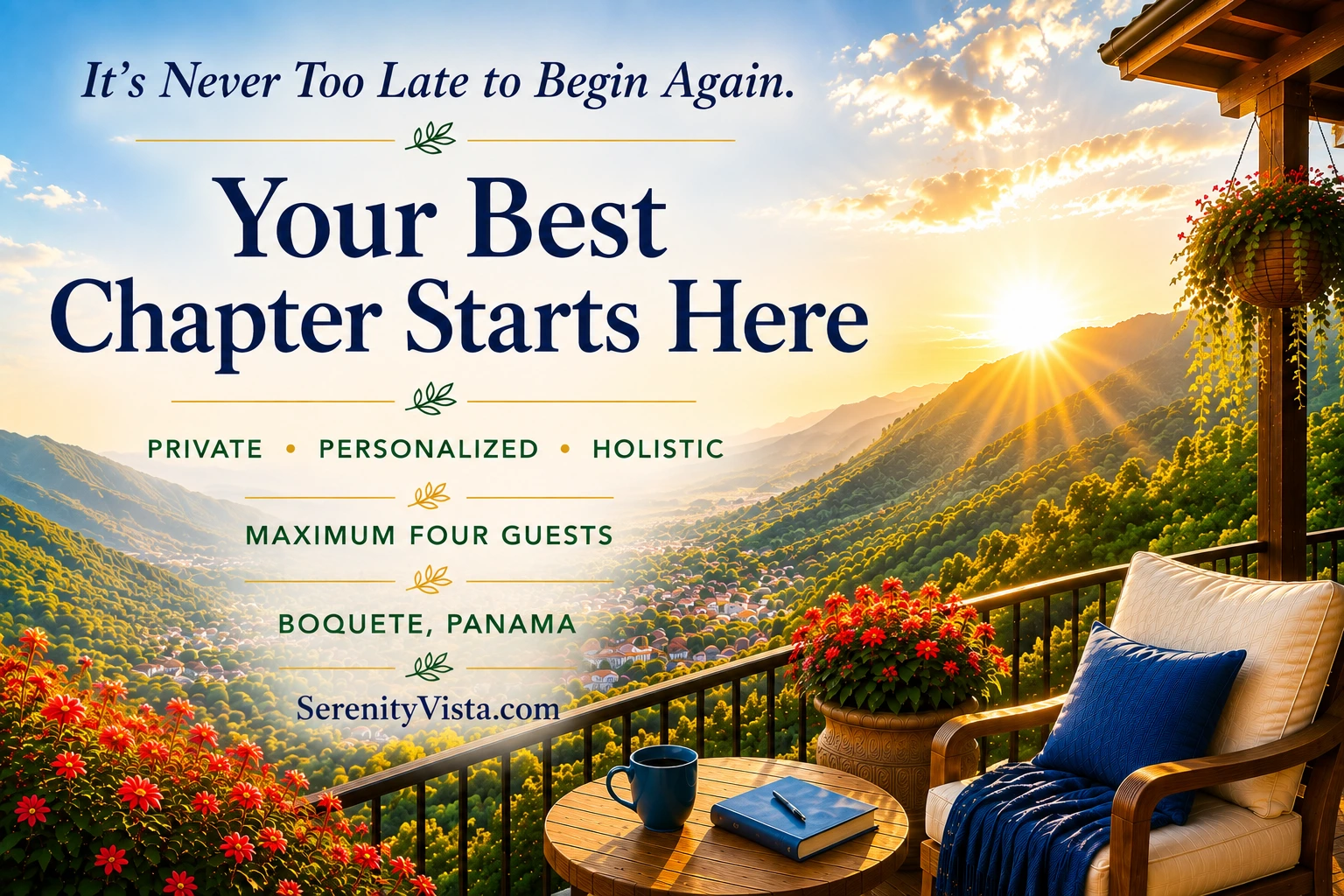 Inspirational graphic overlooking Boquete, Panama, highlighting Serenity Vista's private, personalized, holistic addiction recovery program