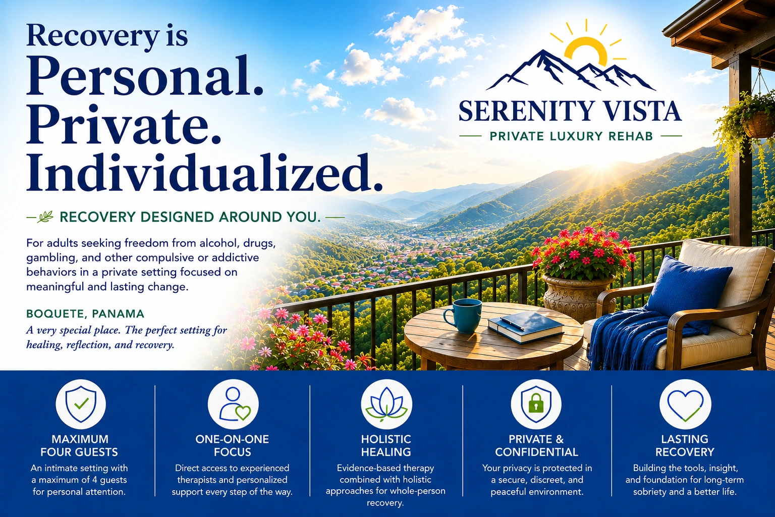 Private luxury rehab program providing highly individualized addiction treatment in Boquete, Panama