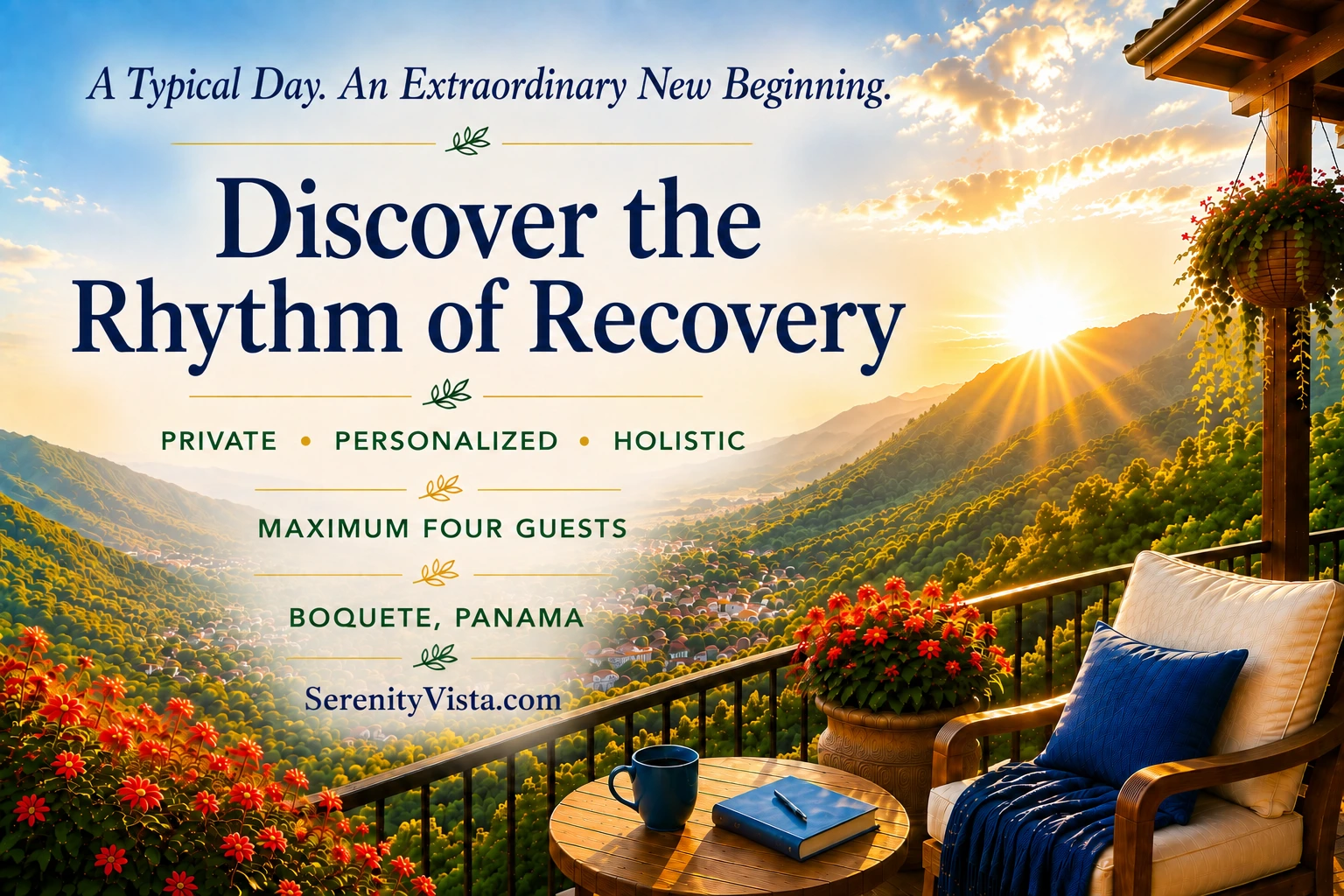 Scenic mountain sunrise overlooking Boquete, Panama, with the message "Discover the Rhythm of Recovery," representing Serenity Vista's private, personalized, holistic addiction treatment program and the experience of a typical day in recovery.