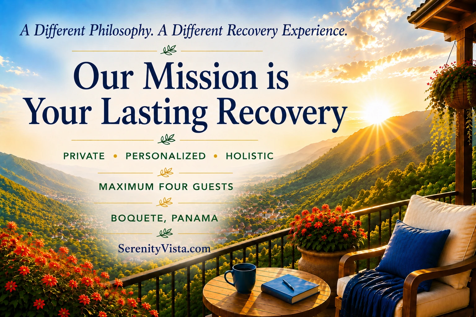Luxury mountain-view terrace at Serenity Vista in Boquete, Panama, featuring the message "Our Mission is Your Lasting Recovery" and reflecting our private, personalized, holistic approach to addiction recovery.