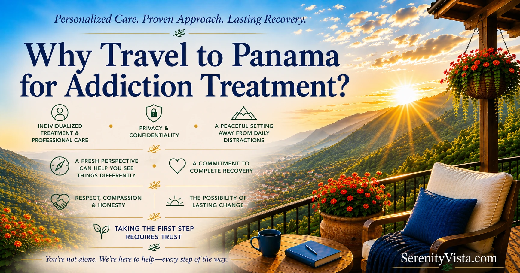 Why travel to Panama for addiction treatment? Serenity Vista offers individualized care, privacy, a peaceful setting, and a path toward lasting recovery.