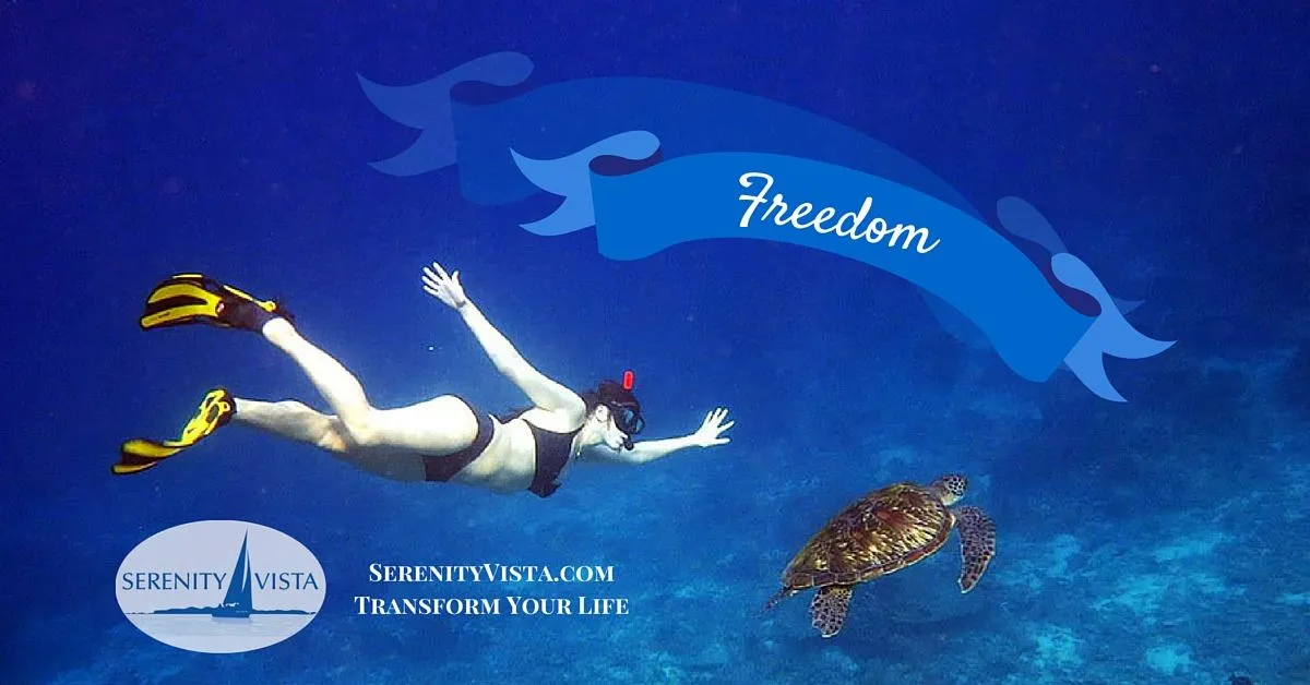 Scuba diver swimming alongside a sea turtle underwater beneath a “Freedom” banner, with Serenity Vista branding.