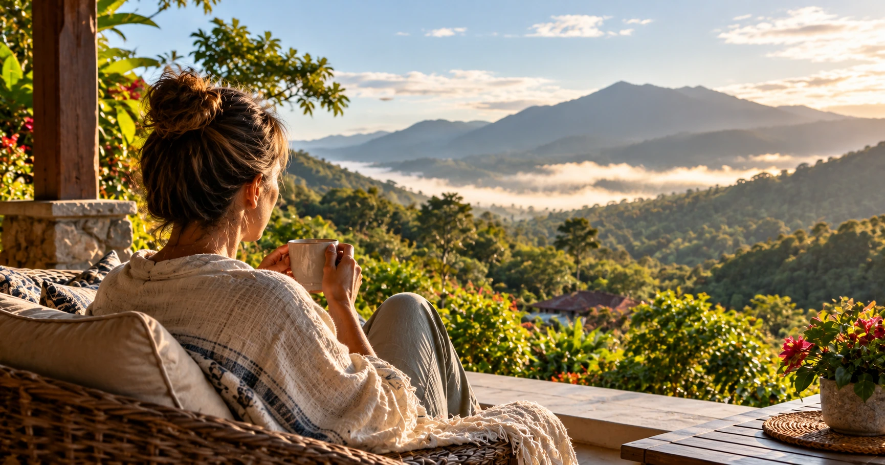 Woman sitting on a terrace overlooking the misty green mountains of Boquete, Panama, holding a cup and taking time for quiet reflection.