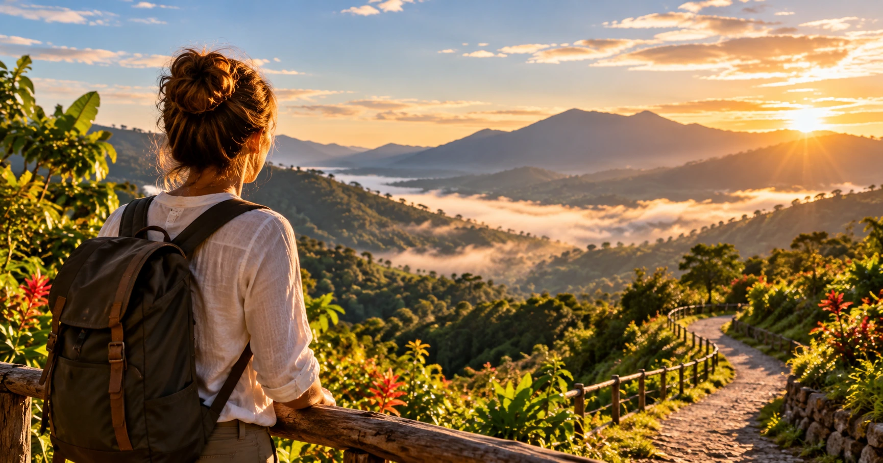 Woman standing at a mountain overlook, looking across a misty green valley toward a winding path in the golden morning light.