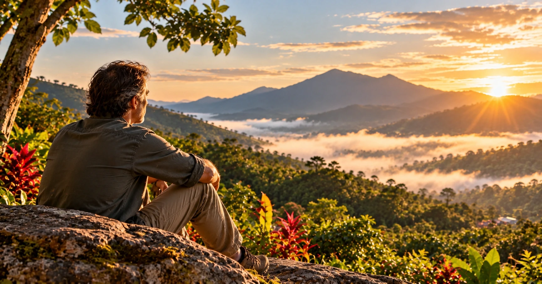 Middle-aged man sitting on a rocky mountain overlook, looking across a mist-filled green valley in the warm light of sunrise.
