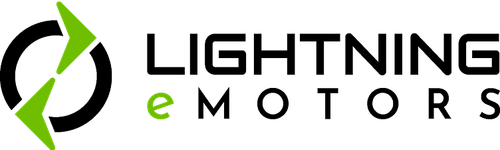 Lightning eMotors logo with stylized black circle and green arrows.